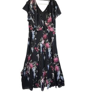NWT City Chic Maxi Floral Allure Dress Black Flutter Sleeve Belted XXL $199 MSRP
